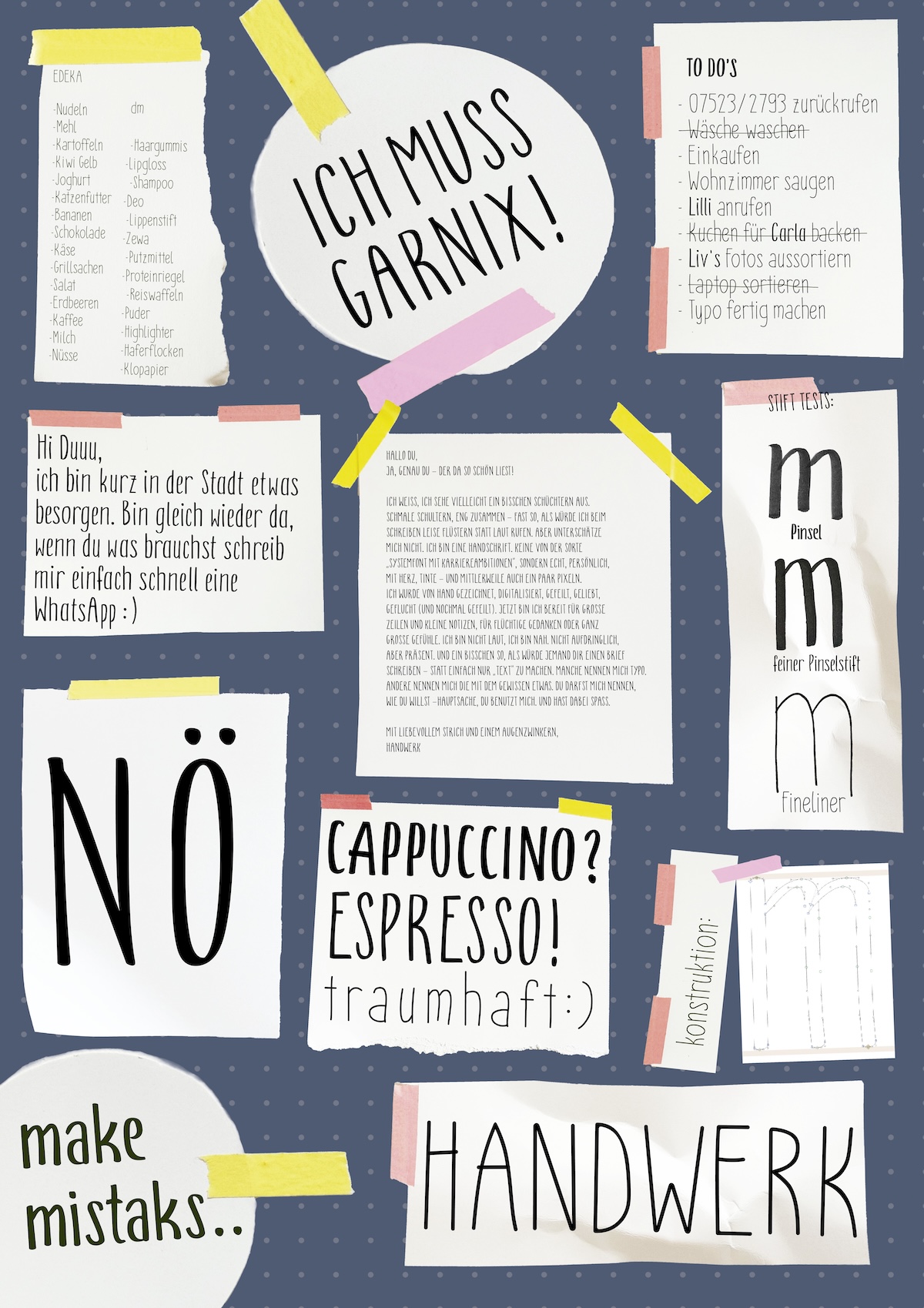 blaues plakat mit post it zetteln drauf, auf welche die selbst entwickelte schrift in verschiedenen größen und schnitten gezeigt wird