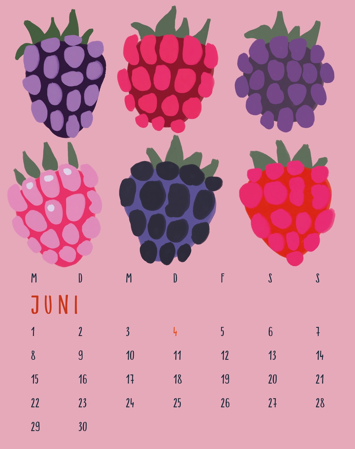 monat juni, 6 him- und brombeeren auf rosa hintergrund