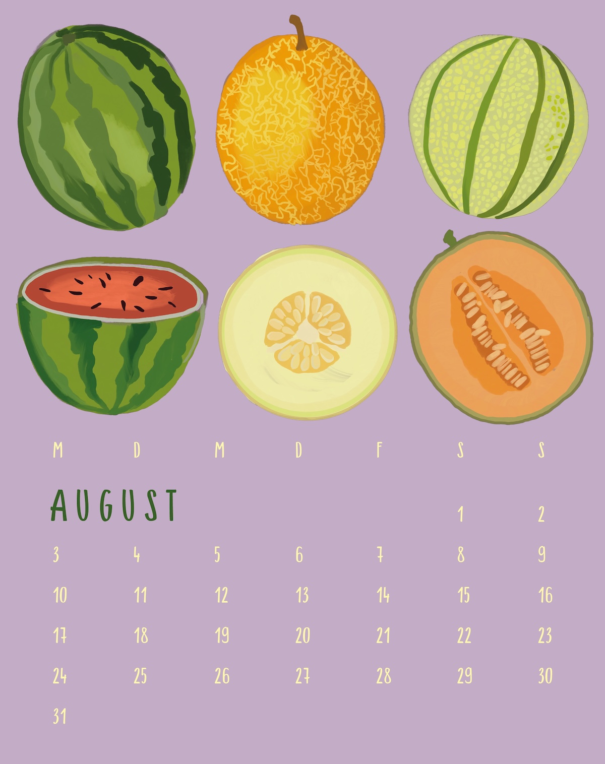 monat august, 6 verschiedene melonen, mal aufgecshnitten mal zu auf lila hintergrund