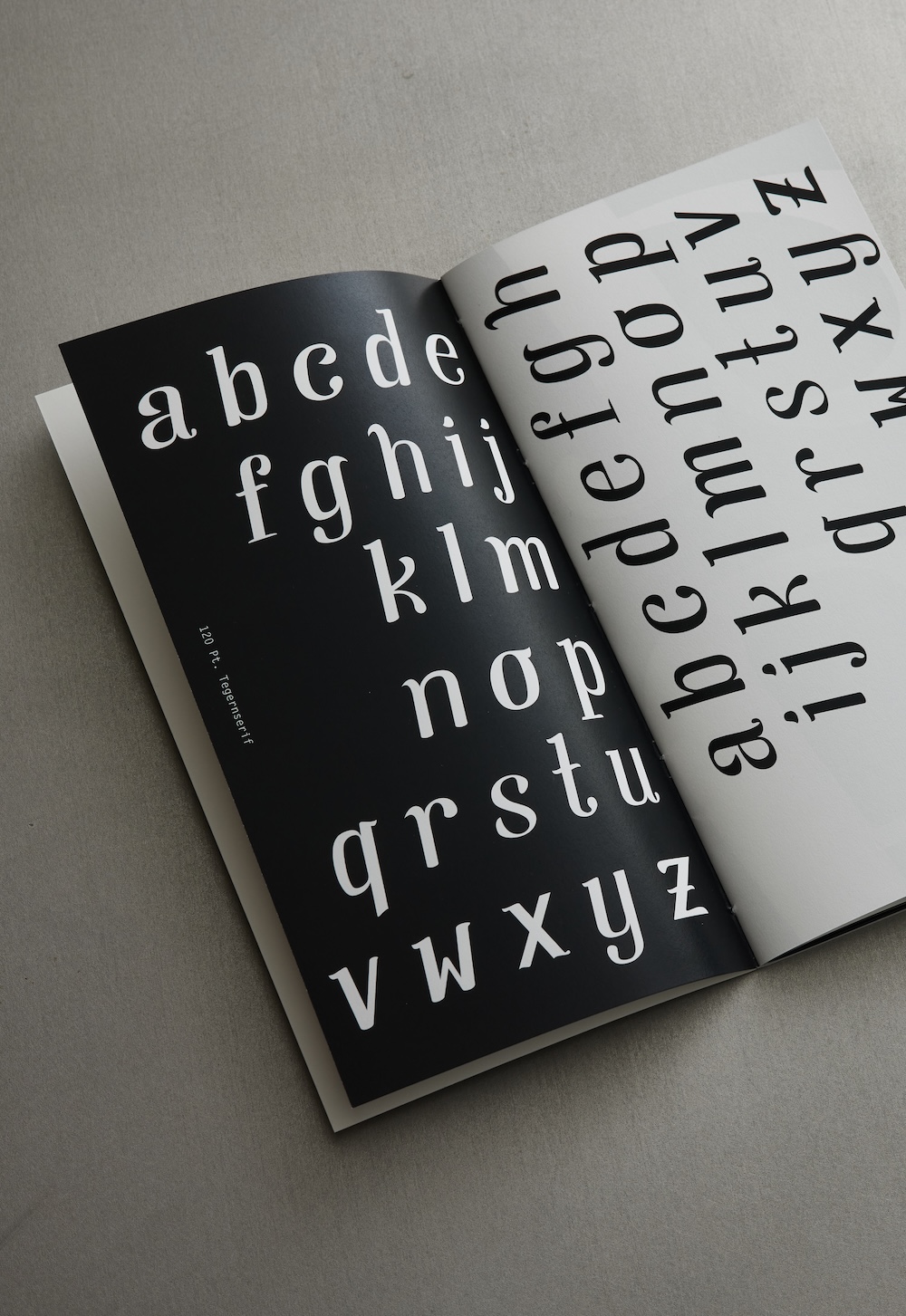 aufgeklapptes specimen, seite mit allen glyphen aufegschlagen, man sieht es einmal schwarz auf weiß und einmal weiß auf schwarz 